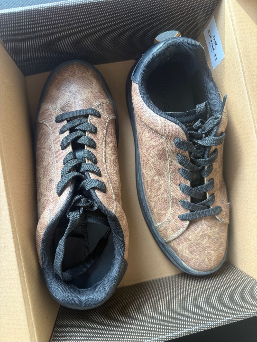 Coach Men’s Tan Signature Canvas Low-Top Sneakers with Black Accents